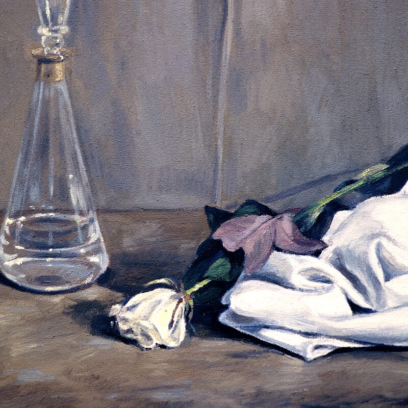 stilleben mit karaffe, rose und tuch 1997, 36 x 44 cm, öl auf baumwolle