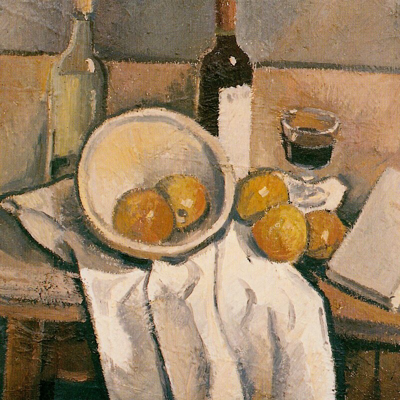 still life with bowl, apples, bottles and book 1986, 23,6" x 31,5", oil on fabric