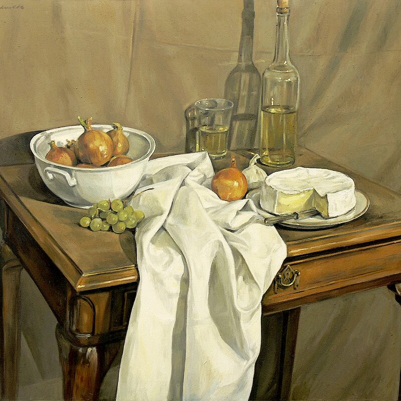 stilleben mit camembert, zwiebeln und flasche 1998, 80 x 89 cm, öl auf baumwolle