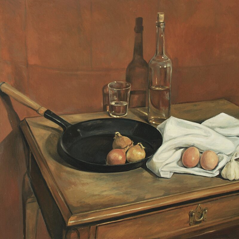 stilleben mit pfanne,  zwiebeln und eiern 1998, 80 x 89 cm, öl auf baumwolle