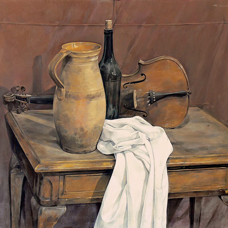 stilleben mit krug, violine und flasche 2000, 80 x 89 cm, öl auf baumwolle
