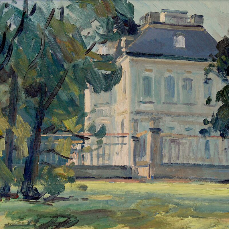 schloss falkenlust, brühl - nordrhein-westfalen 1990, 46,5 x 52 cm, öl auf karton