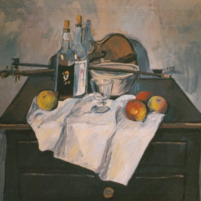 stilleben mit violine, schale und kommade 1992, 80 x 85 cm, öl auf tuch