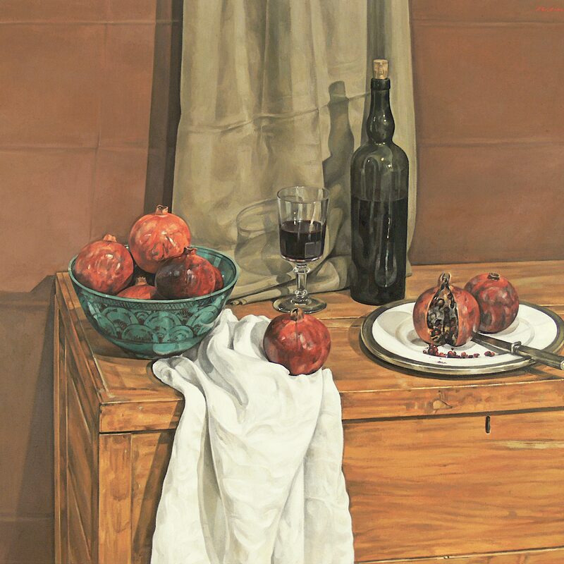 stilleben mit flasche, türkiser schale, granatäpfeln und truhe 2008, 81,3 x 91,4 cm, öl auf leinwand