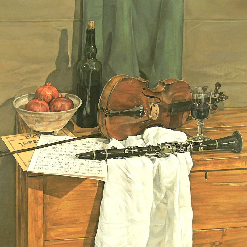 stilleben mit violine, klarinette und truhe 2008, 81,3 x 91,4 cm, öl auf leinwand