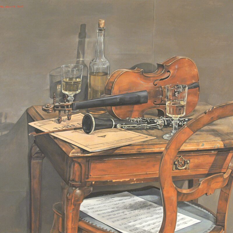 stilleben mit violine, klarinette, flasche und glas 2005, 80 x 90 cm, öl auf leinwand