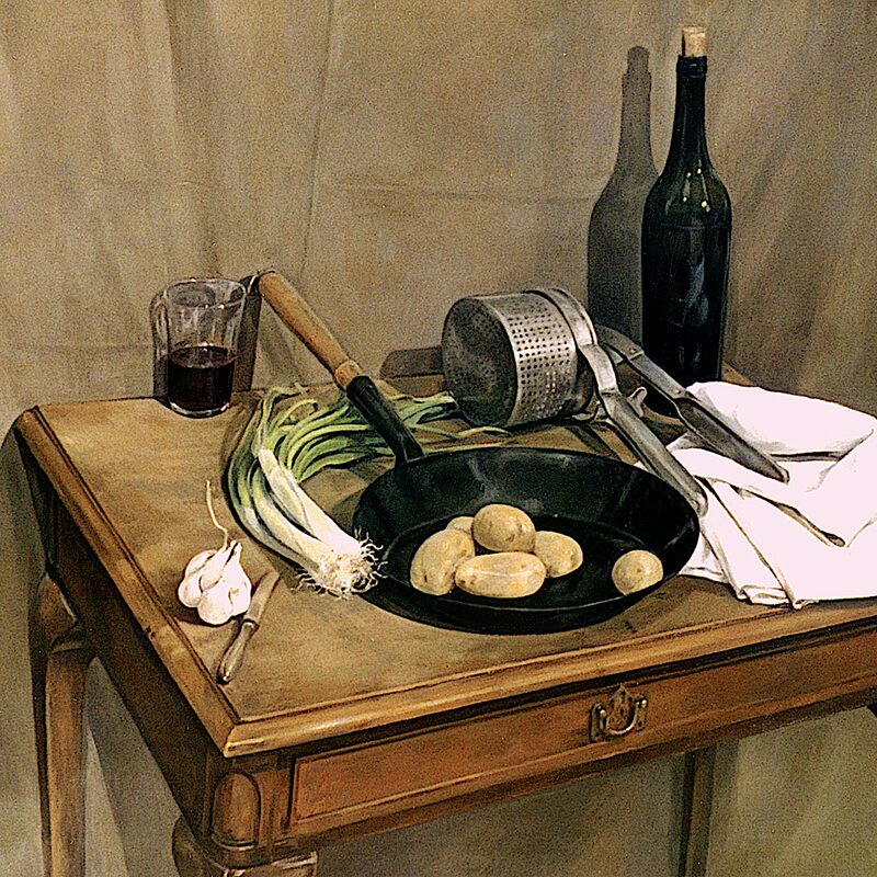 stilleben mit lauch, kartoffelpresse und pfanne 1999, 80 x 89 cm, öl auf baumwolle