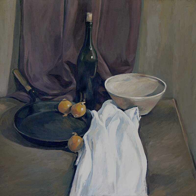 stilleben mit schale, flasche und pfanne 1997, 80 x 89 cm, öl auf baumwolle