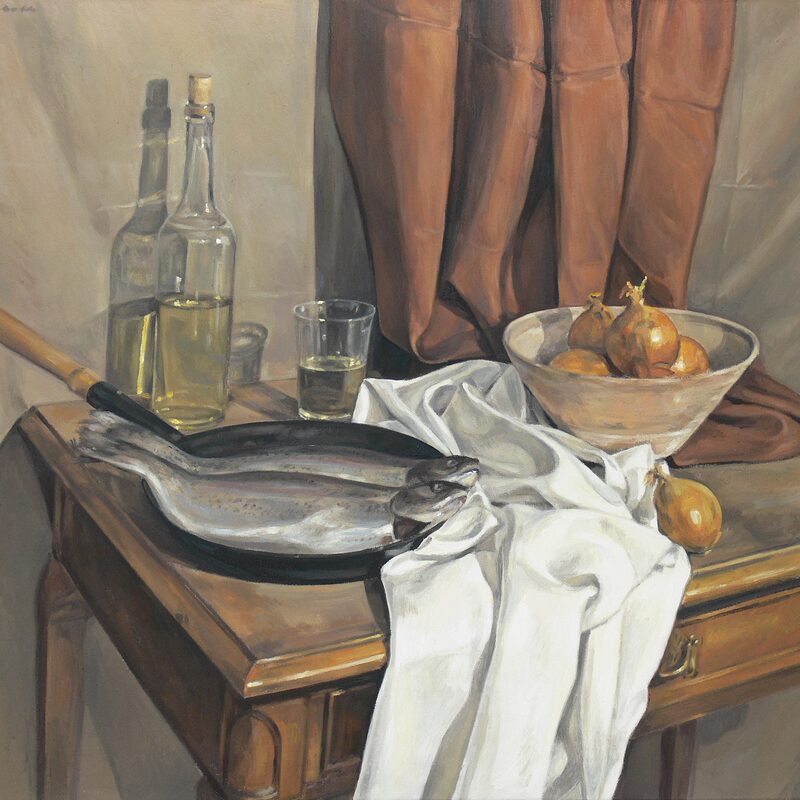 stilleben mit forellen, zwiebeln und flasche 1998, 80 x 89 cm, öl auf baumwolle