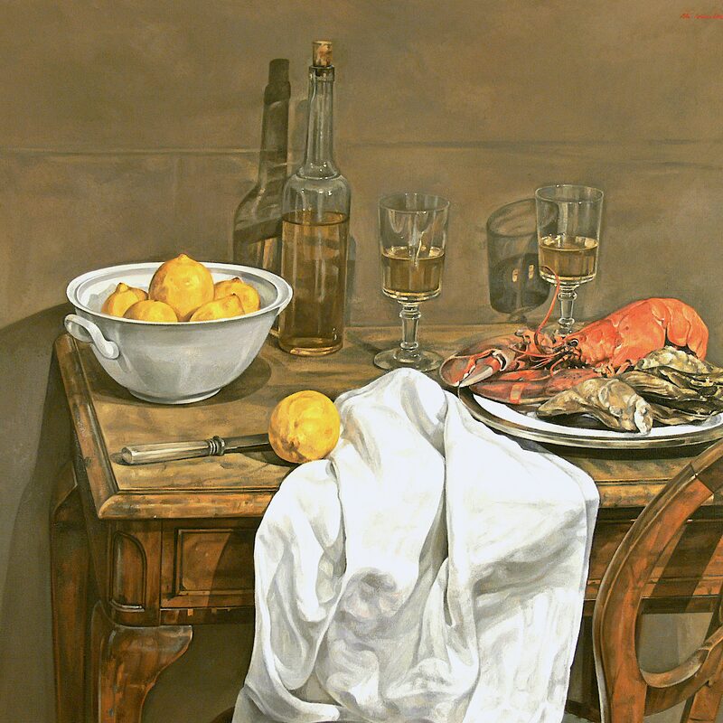 still life with lobster and oysters 2008, 342 x 38", oil on canvas