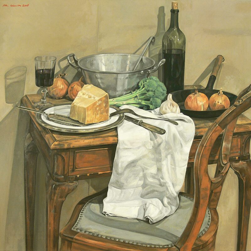 nature morte avec parmesan, brocoli et oignons 2007, 80 x 90 cm, huile sur toile