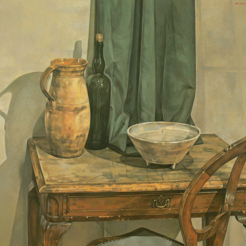 stilleben mit schale, krug und flasche 2007, 80 x 90 cm, öl auf leinwand