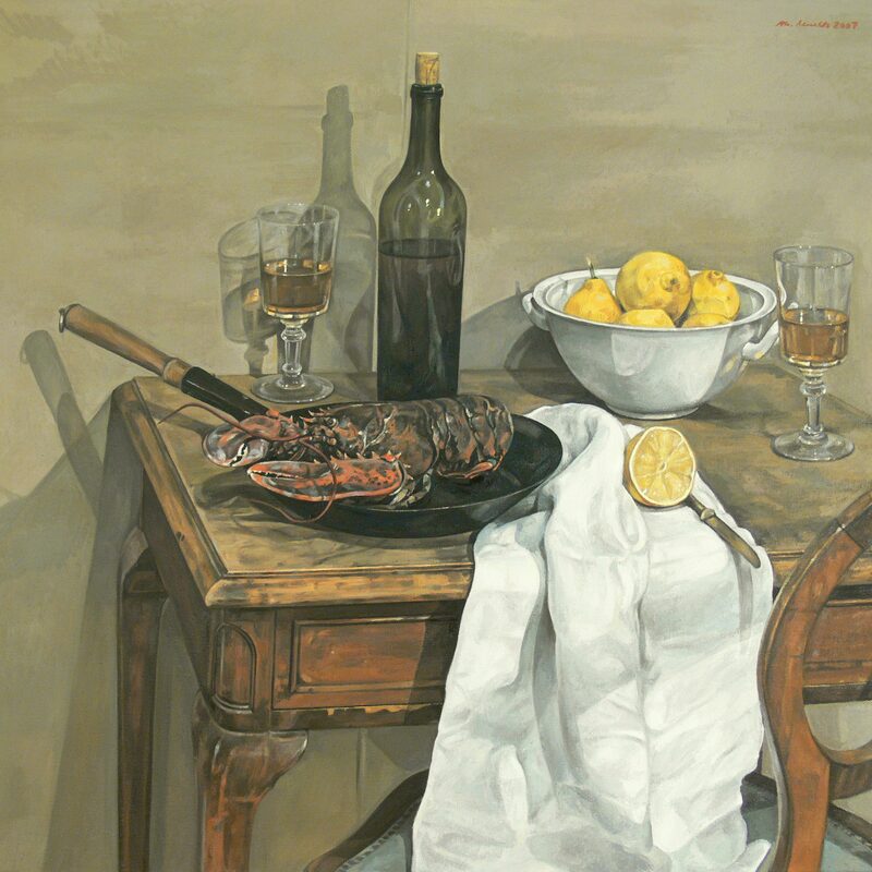 stilleben mit hummer und zitronen 2007, 80 x 90 cm, öl auf leinwand