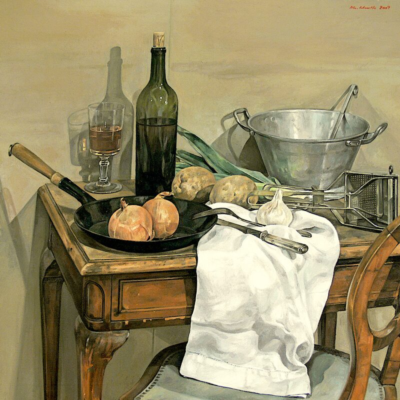 still life with sieve bowl, pan and porree 2007, 31,5" x 35,4", oil on canvas