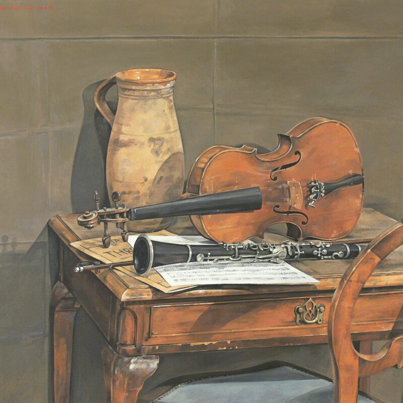 stilleben mit violine, klarinette, krug und partitur 2004, 80 x 90 cm, öl auf leinwand