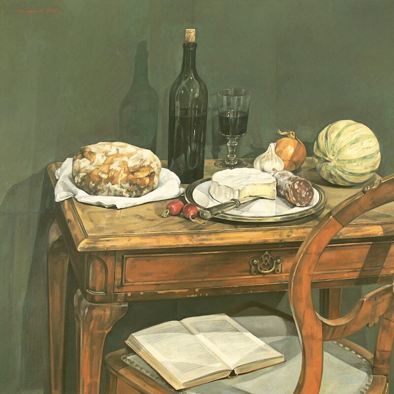 stilleben mit brot, käse und melone 2007, 80 x 90 cm, öl auf leinwand