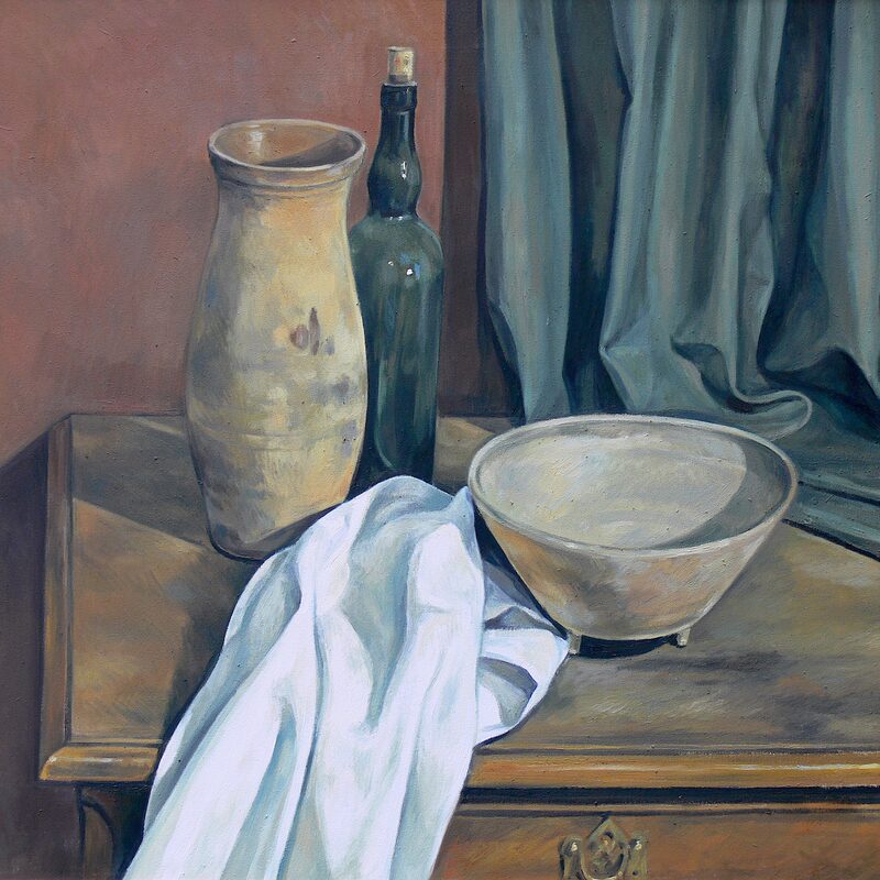 stilleben mit krug, schale und flasche 1996, 80 x 89 cm, öl auf baumwolle