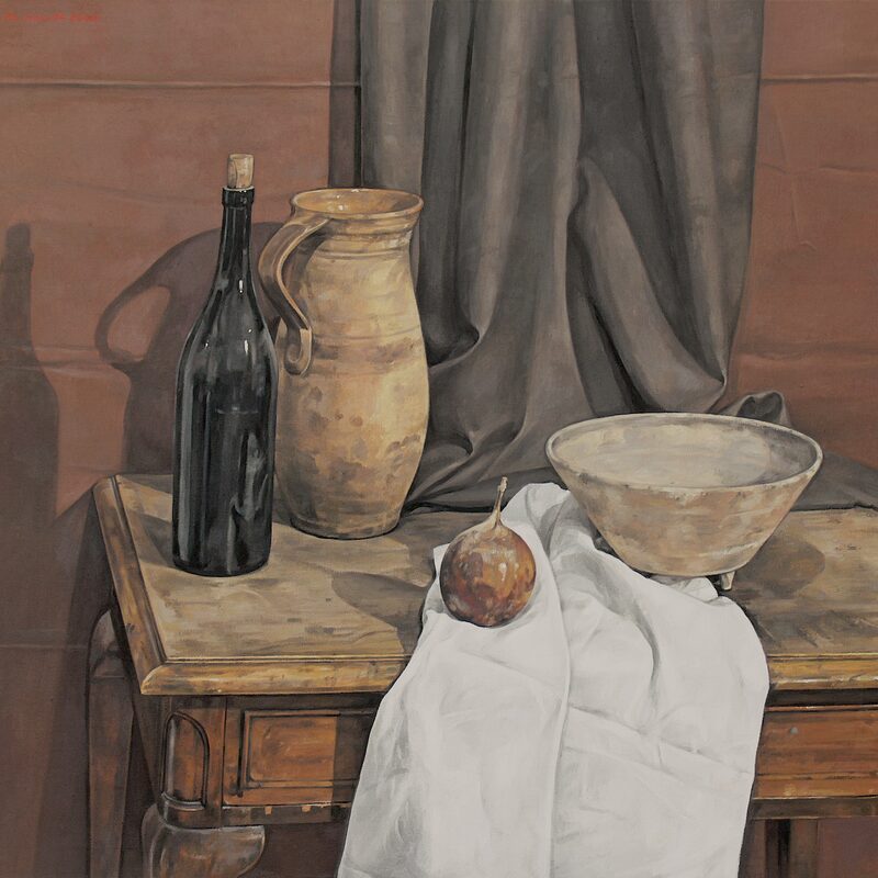 stilleben mit krug, schale, passionsfrucht und flasche 2006, 80 x 90 cm, öl auf leinwand