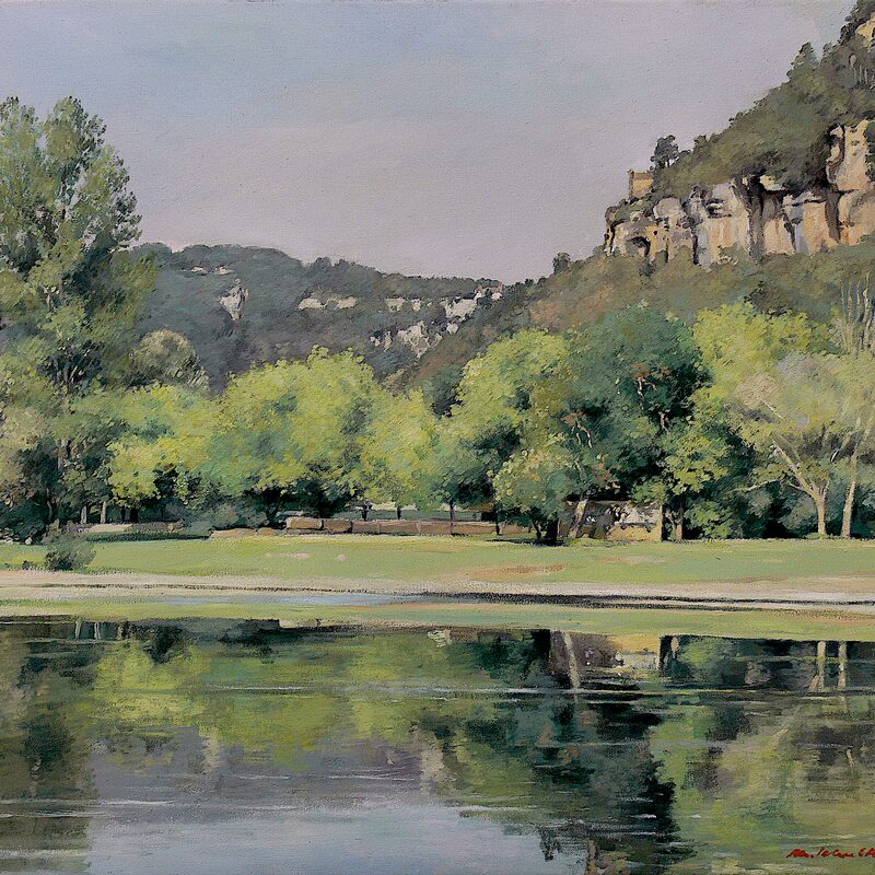 flusslandschaft bei la-roque-gageac - dordogne 2001, 52 x 59 cm, öl auf baumwolle