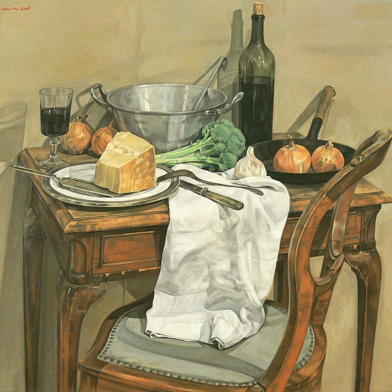 stilleben mit parmesan, brokkoli, siebschüssel und pfanne 2007, 80 x 90 cm, öl auf leinwand