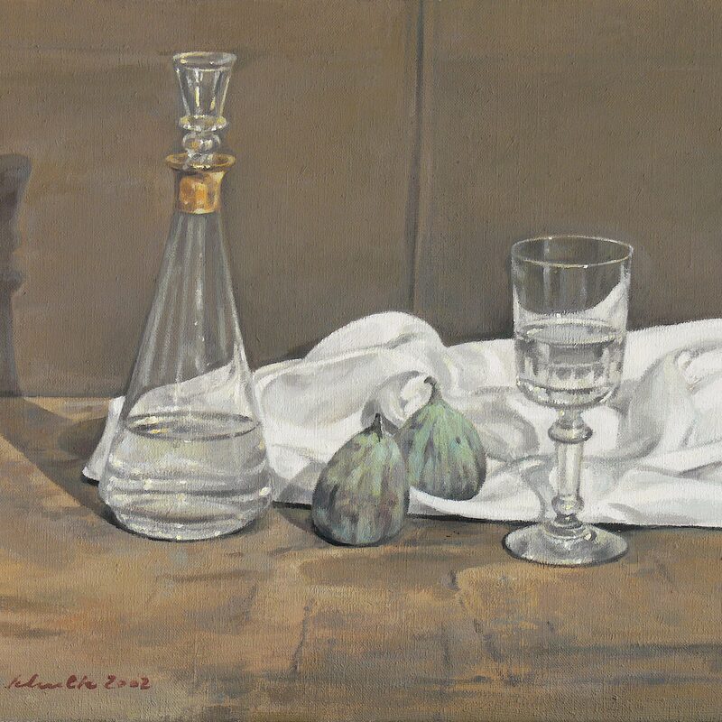 stilleben mit karaffe, feigen und glas 2002, 36 x 44 cm, öl auf leinwand