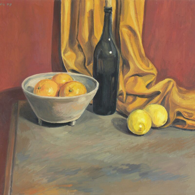 stilleben mit orangen, zitronen und flasche 1997, 60 x 69 cm, öl auf baumwolle