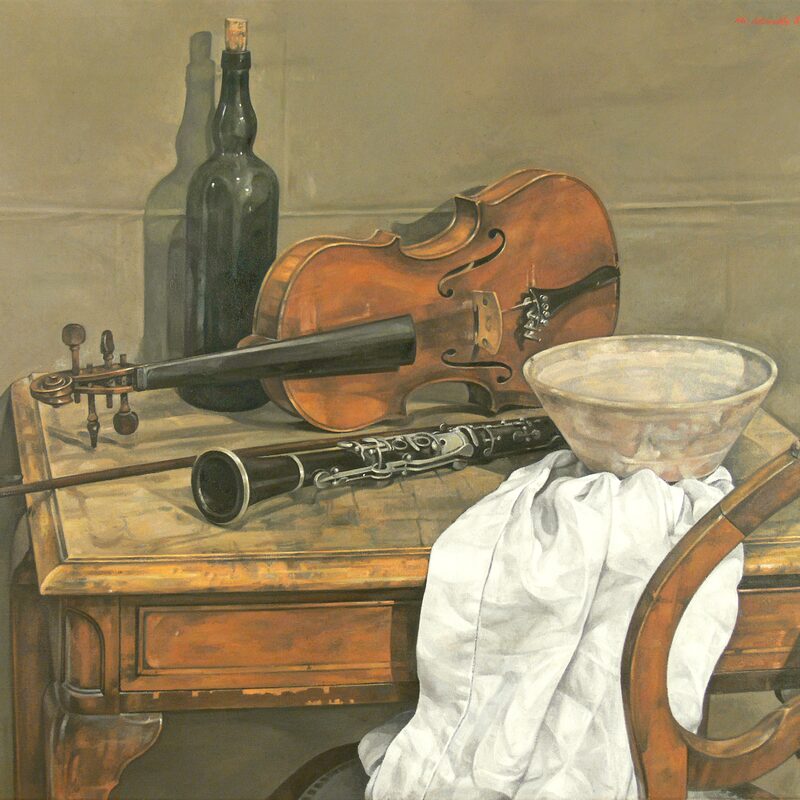 stilleben mit violine, klarinette und flasche 2010, 76 x 91 cm, öl auf leinwand
