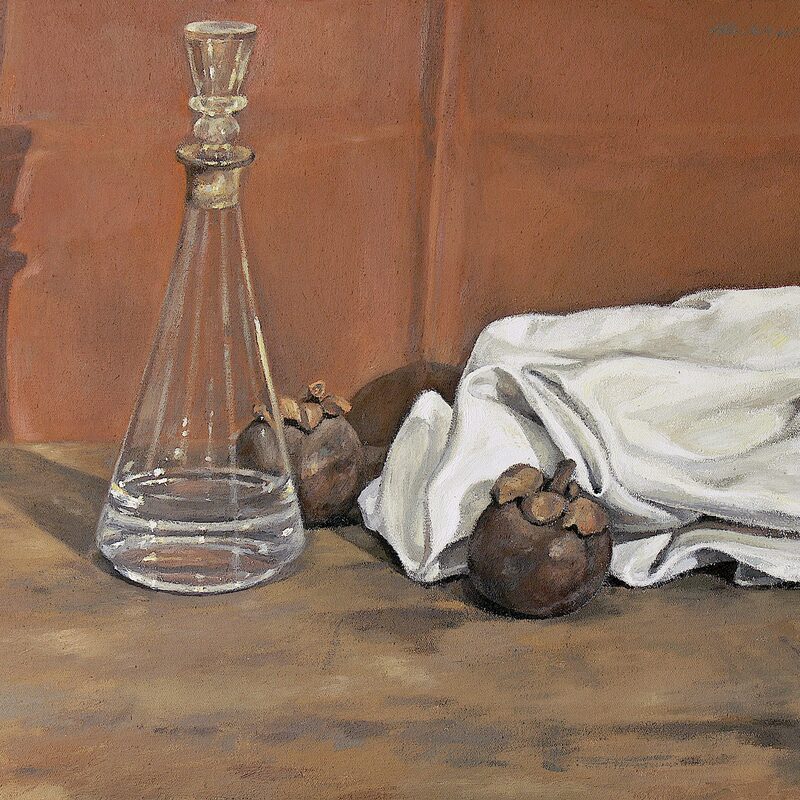 stilleben mit karaffe und mangostane 2000, 36 x 44 cm, öl auf baumwolle