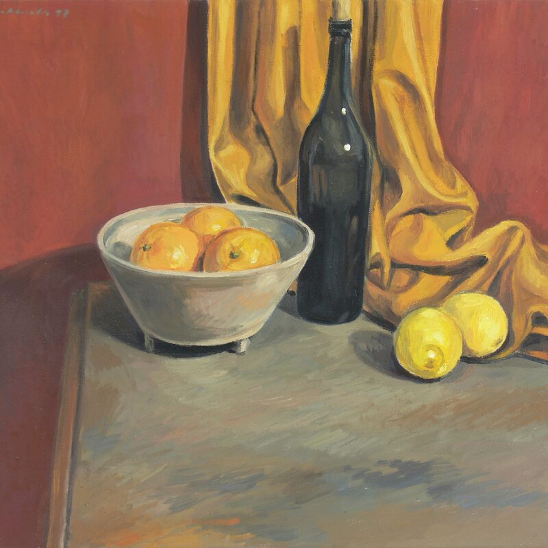 still life with oranges, lemons and bottle 1997, 23,6" x 27,2", oil on cotton