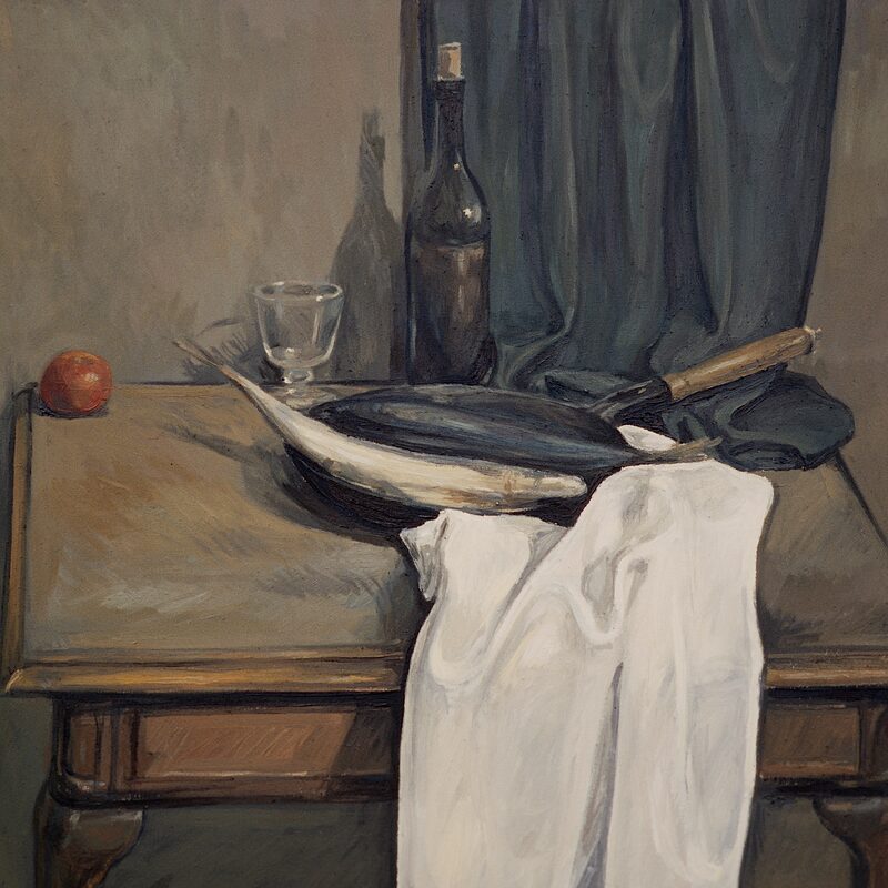 stilleben mit makrelen, pfanne und flasche 1997, 80 x 89 cm, öl auf baumwolle