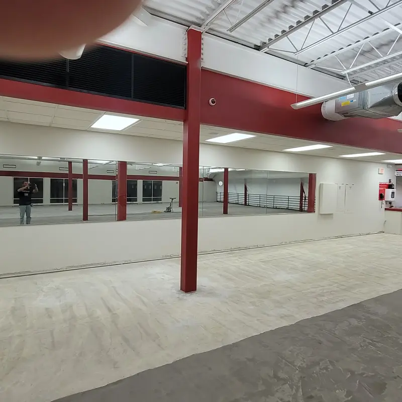 Wide view of installed mirror glass.