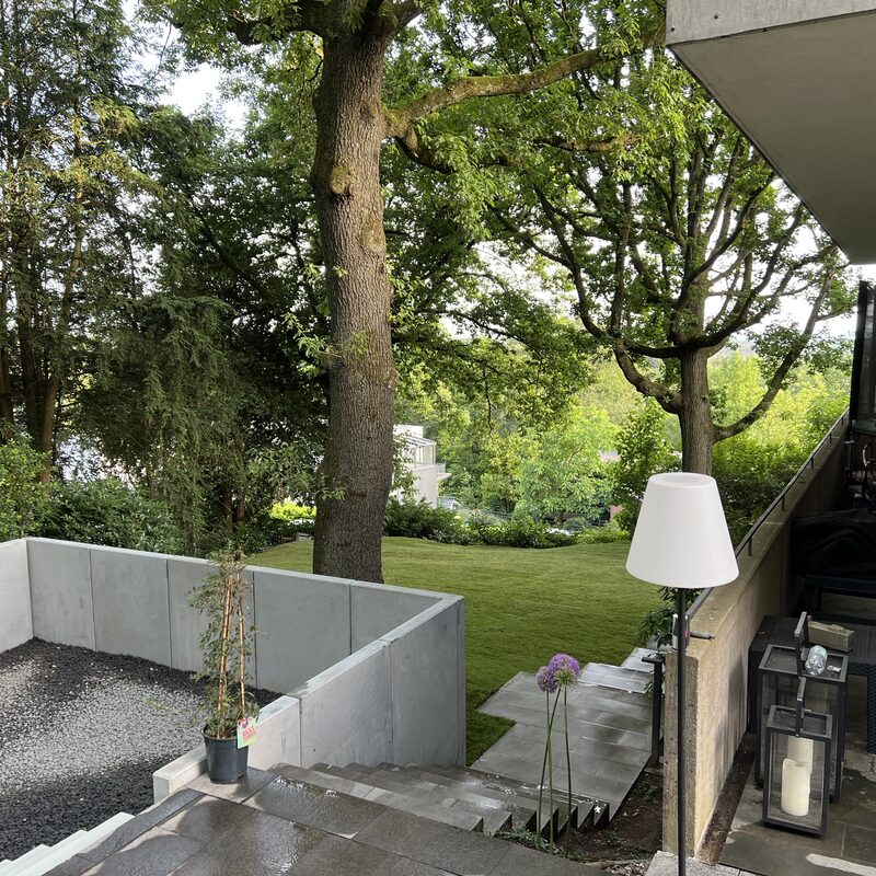 Moderne Hochbeete aus Sichtbeton unter Bäumen