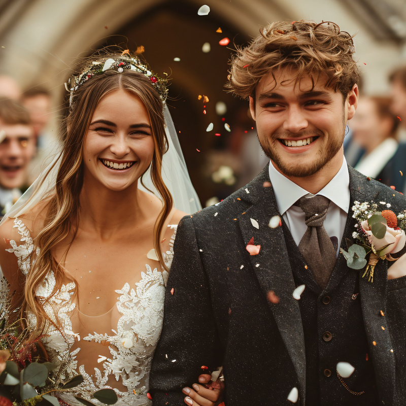 Lachendes Brautpaar verlässt Kirche mit Konfetti