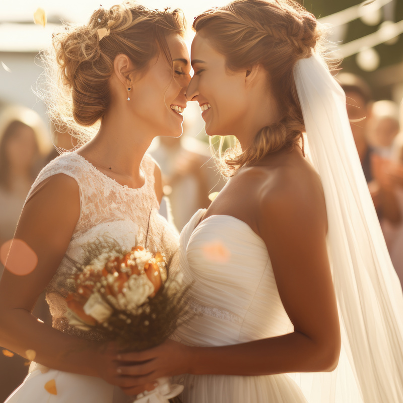 Zwei Bräute beim emotionalen Moment vor Gästen