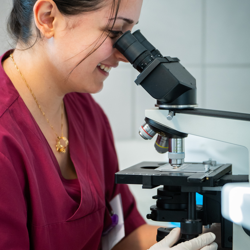 Mitarbeiterin schaut durch Mikroskop