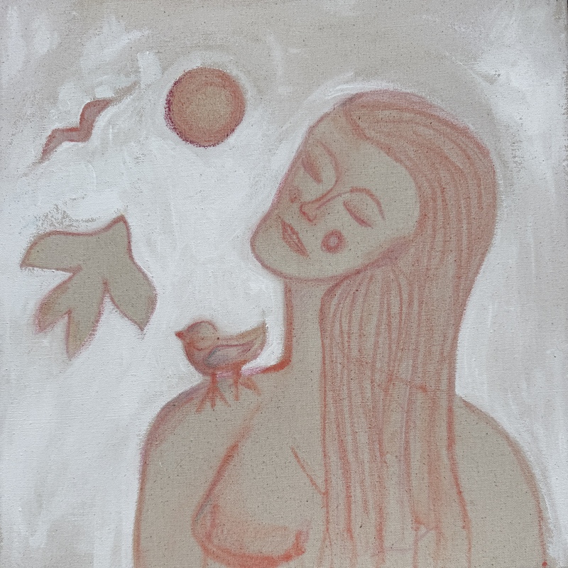 "Die Vogelfrau" 

40 x 40 cm 
Acryl, Buntstifte auf ungrundierter Leinwand 

280,00 €; zzgl. Versandgebühr