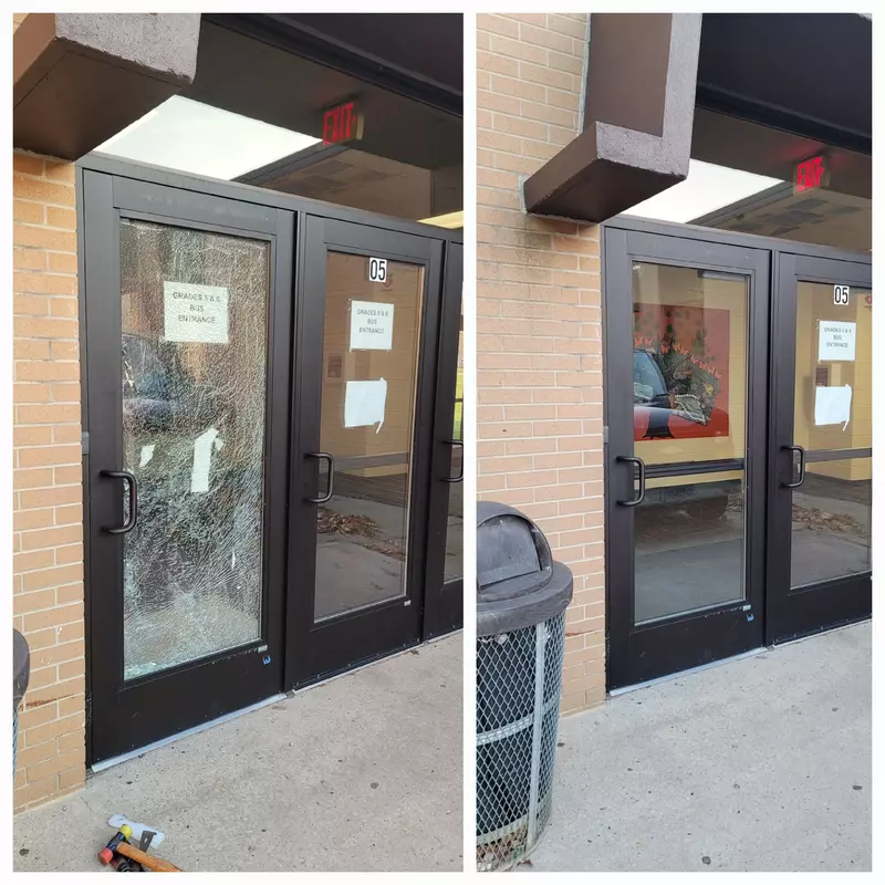 Wider View — Broken door glass replacement.