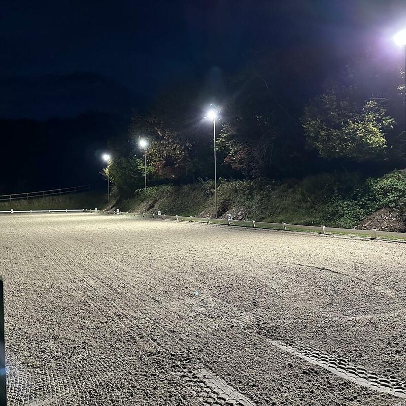 Durch unsere neue Flutlichtanlage ist auch das Reiten auch am Abend möglich!