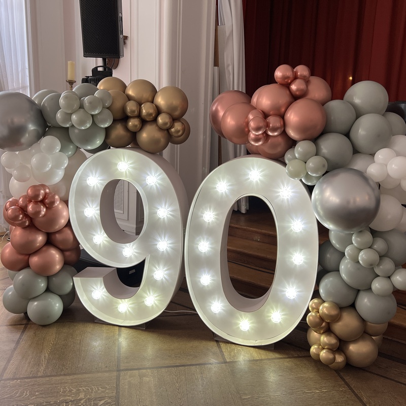 Eventdeko / Dekoverleih - XXL Leuchtzahlen mit Ballondeko als Fotohintergrund