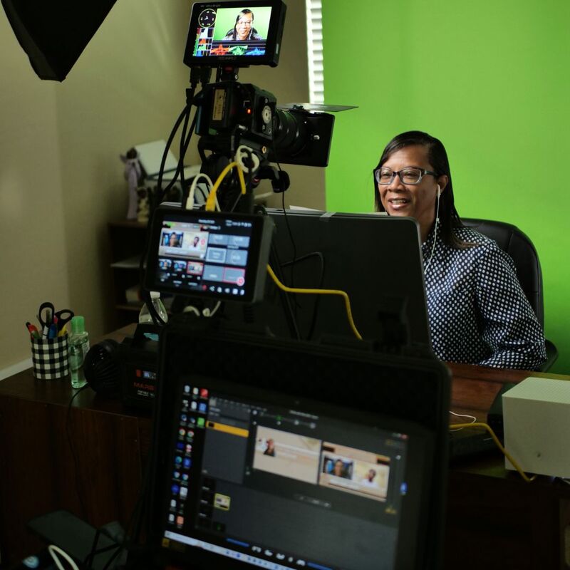 "Video production setup for Michelle Hayward’s real estate podcast episode."