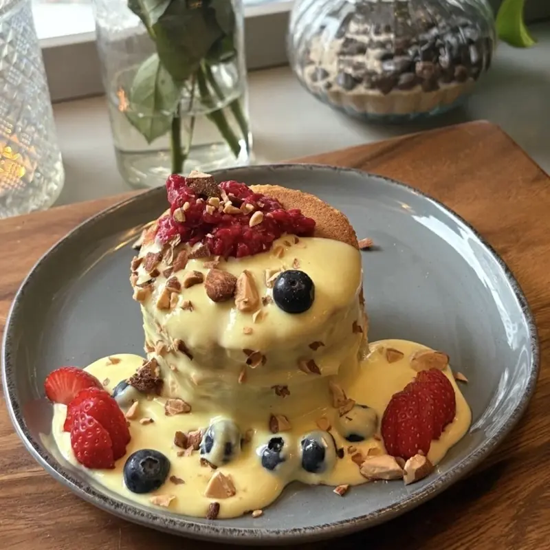 Unsere köstlich fluffigen Buttermilch-pancakes mit zuckerfreier halva-butter sauce und frischem hausgemachtem himbeerkompott