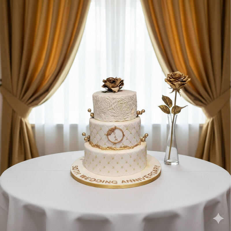Bespoke luxury three tiered golden wedding anniversary cake
