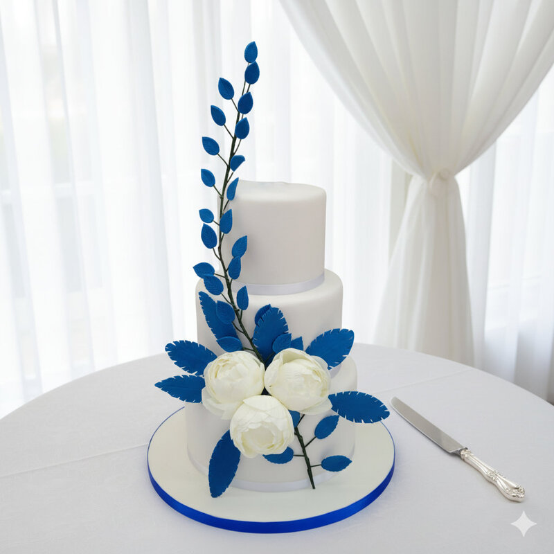 White and blue themed luxury bespoke wedding cake