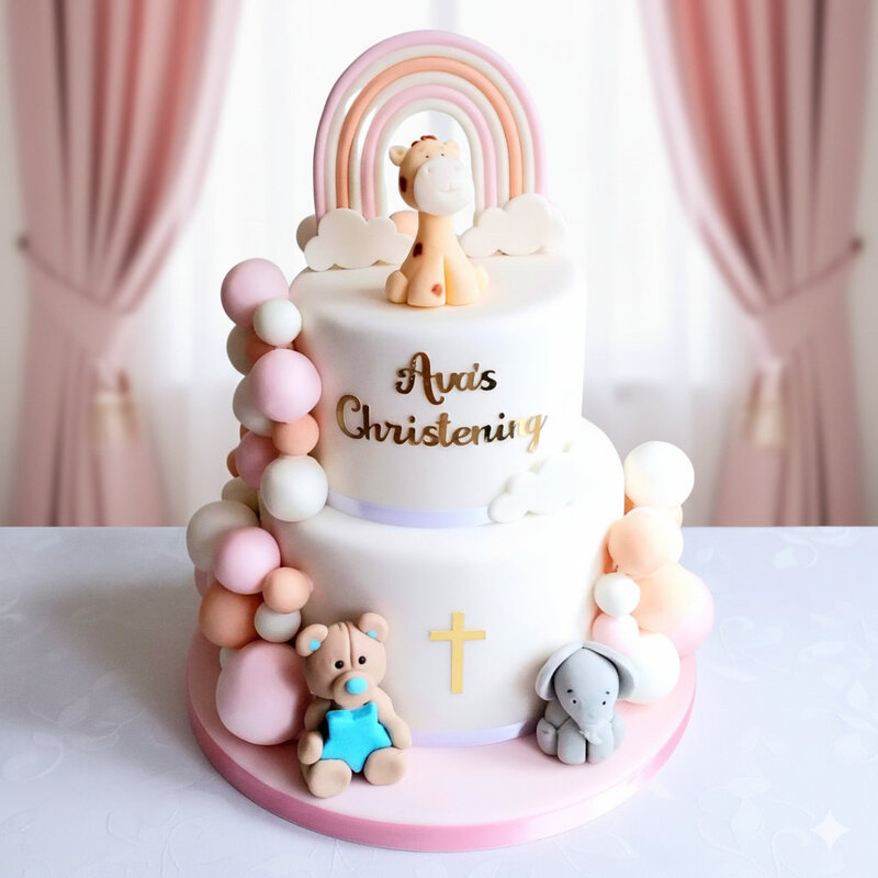 Luxury bespoke girls' rainbow themed christening cake