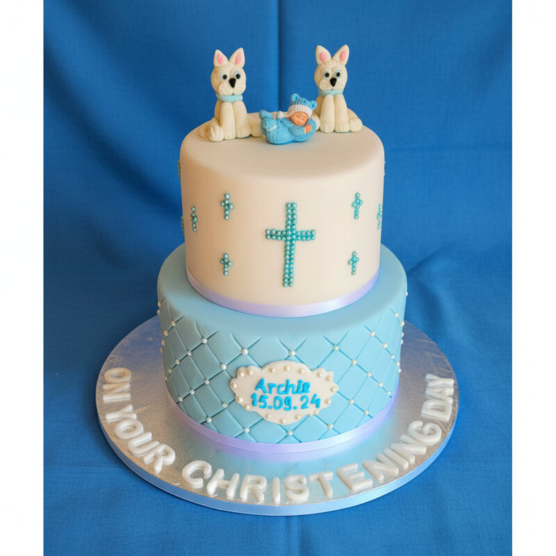 Luxury boys' blue christening cake