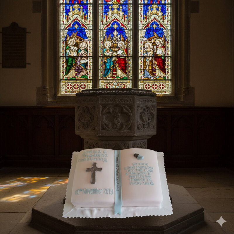 Bespoke bible themed christening cake