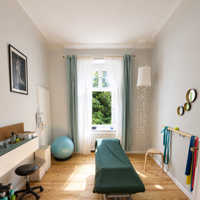Behandlungszimmer mit türkisfarbenem Vorhang und viel Tageslicht