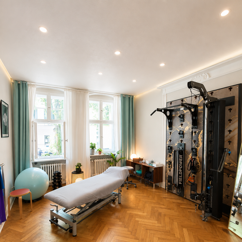 Therapieliege an cremefarbener Wand mit Schwarz-Weiß-Fotografien