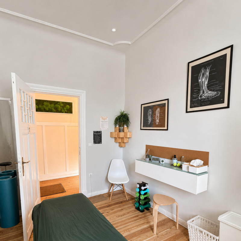 Minimalistisch eingerichtetes Sprechzimmer mit Wanddeko und Lampe