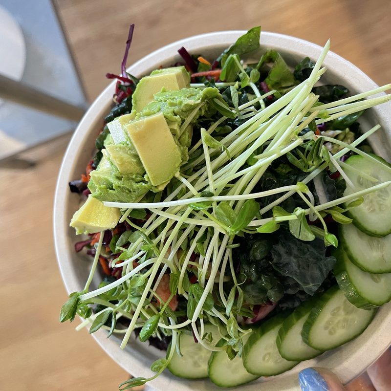 A power salad with healthy greens, pea shoots, cucumbers, avocado, carrots and veggies